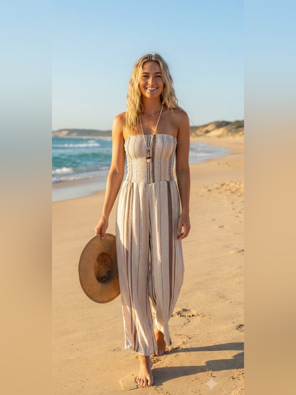Rip Curl Cream and Brown Vertical Stripe Pantsuit